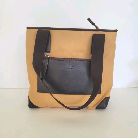 GUCCI Vintage Brown Tan Shoulder Bag Handbag Medium Purse Zip Tote Leather Trim - Picture 1 of 15